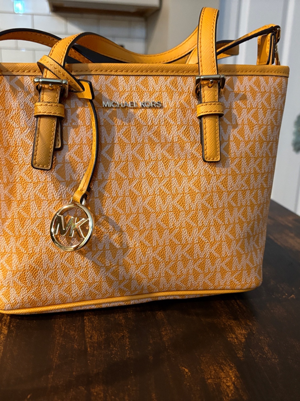 Michael Kors Yellow Logo-Print Shoulder Bag with Gold Charm Mini